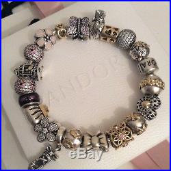 Full Pandora Bracelet 14ct Gold And Silver Charms + Diamonds etc