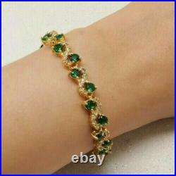 14K In Yellow Gold Finish Simulated Green Emerald Round Cut 7.10Ct Bolo Bracelet