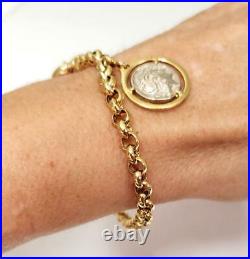 14kt ITALIAN YELLOW GOLD CHARM BRACELET VICTORIAN SILVER COIN