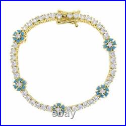 18K Yellow Gold Over Turquoise & Diamond Tennis Chain Flower Charm 7.5 Bracelet