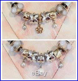 18cm Pandora 14k Gold Clasp Pure As Pearl Theme Bracelet, 19 Pandora Charms + SC