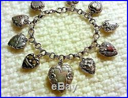 1920+ Vintage Sterling Silver Puffy Heart Charm Bracelet with 10 Charms, Repousse