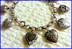 1920+ Vintage Sterling Silver Puffy Heart Charm Bracelet with 10 Charms, Repousse
