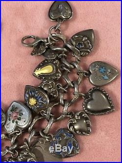 1940's Sterling Silver Puffy enamel + engraved Heart Charm Bracelet vtg jewelry