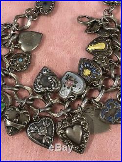 1940's Sterling Silver Puffy enamel + engraved Heart Charm Bracelet vtg jewelry