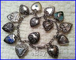 1940's Vintage Sterling Silver Puffy Heart Charm Bracelet & 14 Charms, Enamel