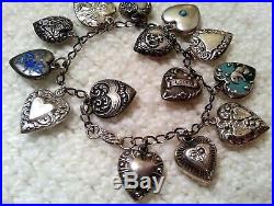 1940's Vintage Sterling Silver Puffy Heart Charm Bracelet & 14 Charms, Enamel