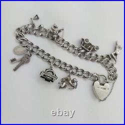 1961 Vintage 925 Sterling Silver Charm Bracelet with Heart Padlock and 7 Charms