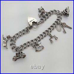 1961 Vintage 925 Sterling Silver Charm Bracelet with Heart Padlock and 7 Charms