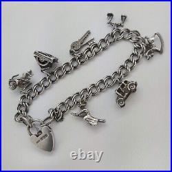 1961 Vintage 925 Sterling Silver Charm Bracelet with Heart Padlock and 7 Charms