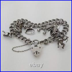 1961 Vintage 925 Sterling Silver Charm Bracelet with Heart Padlock and 7 Charms