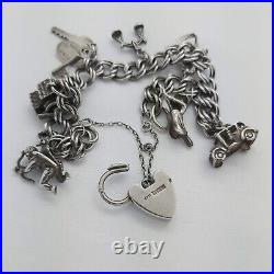 1961 Vintage 925 Sterling Silver Charm Bracelet with Heart Padlock and 7 Charms