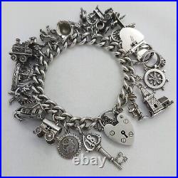 1970 Vintage 925 Sterling Silver Charm Bracelet with Heart Padlock and 23 Charms