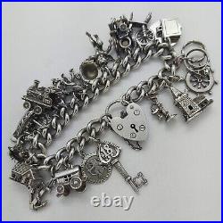 1970 Vintage 925 Sterling Silver Charm Bracelet with Heart Padlock and 23 Charms