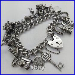 1970 Vintage 925 Sterling Silver Charm Bracelet with Heart Padlock and 23 Charms