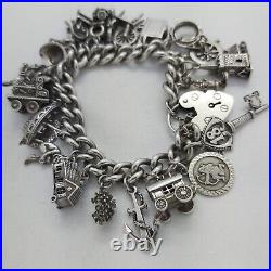 1970 Vintage 925 Sterling Silver Charm Bracelet with Heart Padlock and 23 Charms