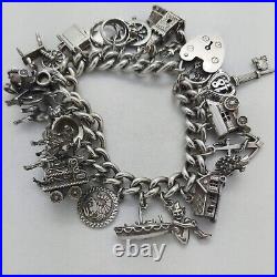 1970 Vintage 925 Sterling Silver Charm Bracelet with Heart Padlock and 23 Charms