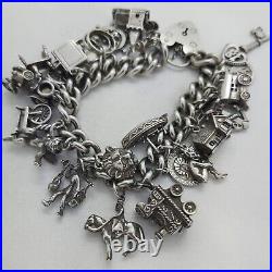 1970 Vintage 925 Sterling Silver Charm Bracelet with Heart Padlock and 23 Charms