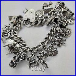 1970 Vintage 925 Sterling Silver Charm Bracelet with Heart Padlock and 23 Charms