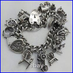 1970 Vintage 925 Sterling Silver Charm Bracelet with Heart Padlock and 23 Charms