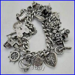 1970 Vintage 925 Sterling Silver Charm Bracelet with Heart Padlock and 23 Charms