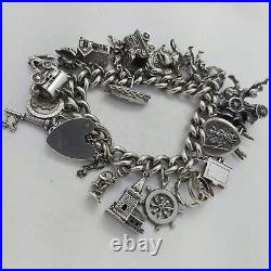 1970 Vintage 925 Sterling Silver Charm Bracelet with Heart Padlock and 23 Charms