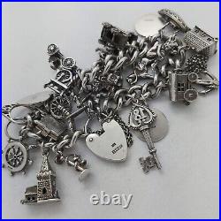 1970 Vintage 925 Sterling Silver Charm Bracelet with Heart Padlock and 23 Charms