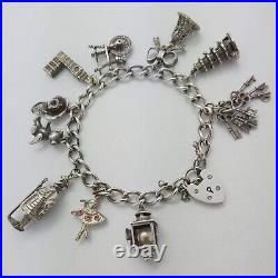 1972 Vintage 925 Sterling Silver Charm Bracelet with Heart Padlock and 10 Charms