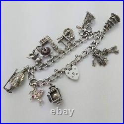 1972 Vintage 925 Sterling Silver Charm Bracelet with Heart Padlock and 10 Charms