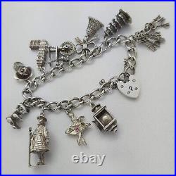 1972 Vintage 925 Sterling Silver Charm Bracelet with Heart Padlock and 10 Charms