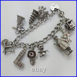 1972 Vintage 925 Sterling Silver Charm Bracelet with Heart Padlock and 10 Charms