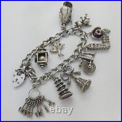 1972 Vintage 925 Sterling Silver Charm Bracelet with Heart Padlock and 10 Charms