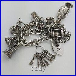 1972 Vintage 925 Sterling Silver Charm Bracelet with Heart Padlock and 10 Charms