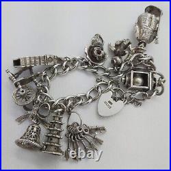 1972 Vintage 925 Sterling Silver Charm Bracelet with Heart Padlock and 10 Charms