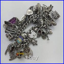 1972 Vintage 925 Sterling Silver Charm Bracelet with Heart Padlock and 31 Charms