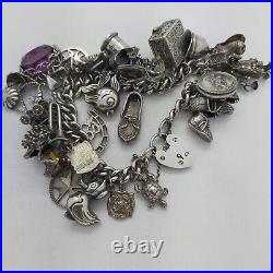 1972 Vintage 925 Sterling Silver Charm Bracelet with Heart Padlock and 31 Charms