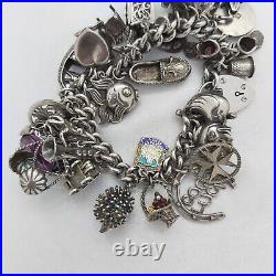 1972 Vintage 925 Sterling Silver Charm Bracelet with Heart Padlock and 31 Charms