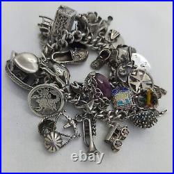 1972 Vintage 925 Sterling Silver Charm Bracelet with Heart Padlock and 31 Charms