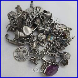 1972 Vintage 925 Sterling Silver Charm Bracelet with Heart Padlock and 31 Charms