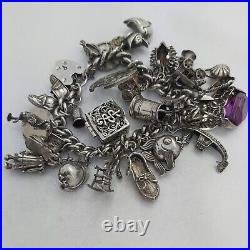 1972 Vintage 925 Sterling Silver Charm Bracelet with Heart Padlock and 31 Charms