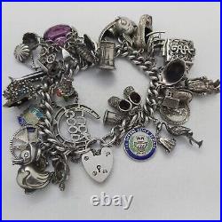 1972 Vintage 925 Sterling Silver Charm Bracelet with Heart Padlock and 31 Charms