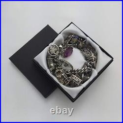 1972 Vintage 925 Sterling Silver Charm Bracelet with Heart Padlock and 31 Charms