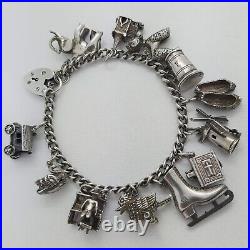 1973 Vintage 925 Sterling Silver Charm Bracelet with Heart Padlock and 12 Charms