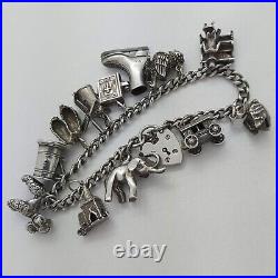 1973 Vintage 925 Sterling Silver Charm Bracelet with Heart Padlock and 12 Charms