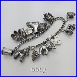 1973 Vintage 925 Sterling Silver Charm Bracelet with Heart Padlock and 12 Charms 1973 Vintage 925 Sterling Silver Charm Bracelet with Heart Padlock and 12 Charms