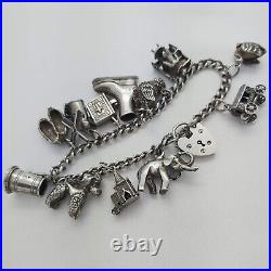 1973 Vintage 925 Sterling Silver Charm Bracelet with Heart Padlock and 12 Charms