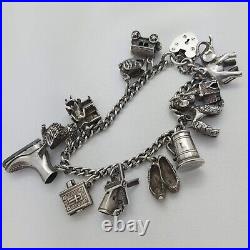 1973 Vintage 925 Sterling Silver Charm Bracelet with Heart Padlock and 12 Charms