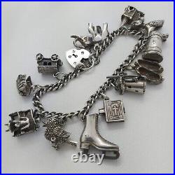 1973 Vintage 925 Sterling Silver Charm Bracelet with Heart Padlock and 12 Charms