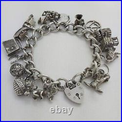 1976 Vintage 925 Sterling Silver Charm Bracelet with Heart Padlock and 17 Charms