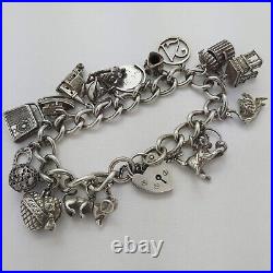 1976 Vintage 925 Sterling Silver Charm Bracelet with Heart Padlock and 17 Charms